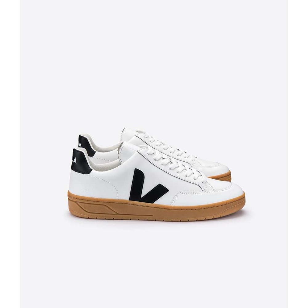 Women\'s Veja V-12 LEATHER Sneakers White/Black/Beige | SG 670LIS